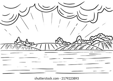 Minimalistic hand drawn sketch of rural landscape. Vector drawing in black outline reeds, calm water, trees, clouds. Nature landscape.