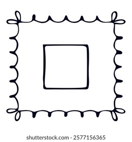 Minimalistic hand drawn square frame with wavy, looped border in black isolated on transparent background. Ideal for decorative designs, labels, and artistic projects.