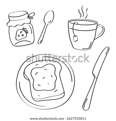 Minimalistic hand drawn vector illustration with classic breakfast elements: a slice of toast on a plate, a jar of strawberry jam, a cup of tea, a butter knife and a spoon