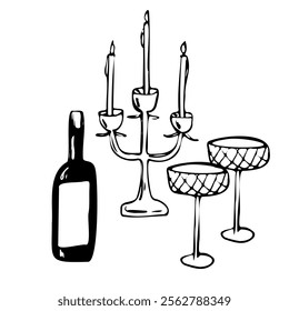 Minimalistic hand drawn vector line art illustration of a wine bottle, candelabra with lit candles, and elegant glasses. Perfect for romantic, festive, or formal dinner-themed projects or invitations