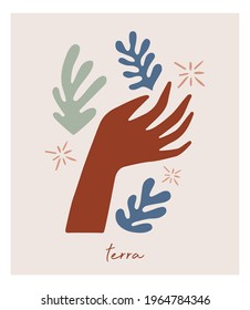 Minimalistic hand illustration, with leaf elements. Contemporary aesthetic boho background with  women's hand gestures. Mid century modern minimalist art print. Vector illustration.