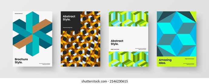 Minimalistic handbill vector design template set. Unique mosaic hexagons catalog cover layout bundle.