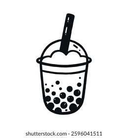 Minimalistic hand-drawn bubble tea line art icon, black and white
