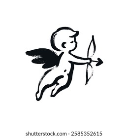 Minimalistic hand-drawn cupid baby with a bow in black and white	