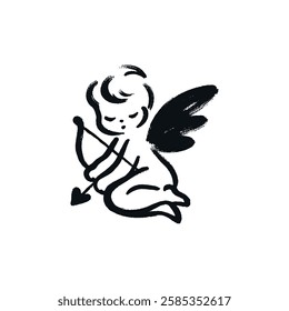 Minimalistic hand-drawn cupid baby with a bow in black and white	