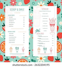 Minimalistic hand-drawn ice cream shop menu design featuring sweet treats, dessert icons, and modern layout elements in a simple, clean aesthetic.