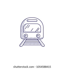 Minimalistic hand-drawn icon with a front view of the train. Hatched web icon. Internet symbol for your website design, logo, app, UI.