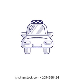 Minimalistic hand-drawn icon with a front view of the taxi. Hatched web icon. Internet symbol for your website design, logo, app, UI.