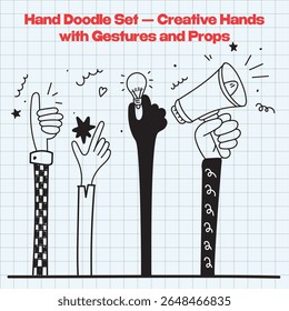 Minimalistic hand-drawn illustration of quirky, expressive hands in various gestures. Ideal for creative presentations, posters, social media, and editorial designs.