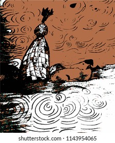 A minimalistic hand-drawn image of a wanderer looking at the sea and his dog. Vector minimalistic illustration