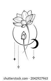 Minimalistic Hand-drawn Lotus Line Art With Celestial Elements: Stars And Moon