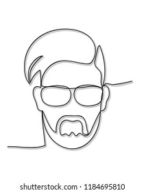 Minimalistic hand-drawn one continuous line illustration of male head with modern hairstyle beard and pair of glasses. Vector icon on transparent background.