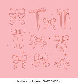 Minimalistic hand-drawn set of bows on a pink background. Elegant and feminine line art perfect for fashion, decoration, stationery, invitations, and digital designs.