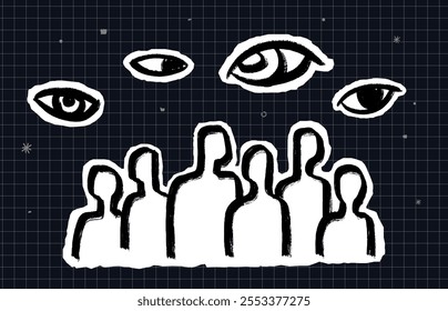 Eine minimalistische handgezeichnete, strukturierte Illustration von Menschen, die Augen auf einem Gitterhintergrund sehen. Eine Metapher für soziale Angst und Paranoia.