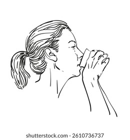 Minimalistic hand-drawn vector illustration of a woman drinking from a cup. Black and white line art, no shading, isolated on white. Suitable for beverage, lifestyle, and relaxation concepts
