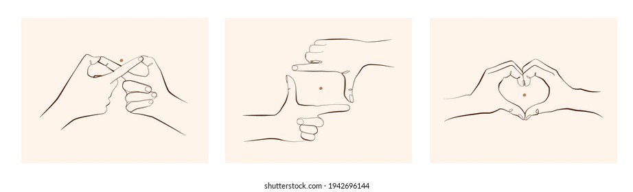 Minimalistic hands gesture set. Frame from fingers, Infinity hand sign, heart shape hands. Love gesture. Single line minimalism. Pastel colours. Peace balance symbol, metaphoric clipart. Shape gesture