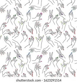 Minimalistic Hands with manicure vector pattern. Vector outline with female hand gestures on transparent background. Nail art and beauty salon designs. Trendy hands with manicure vector silhouettes. 