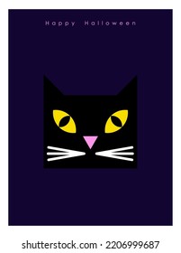 Minimalistic head of black cat with yellow eyes on a dark background. Happy Halloween card template.  Vector cartoon flat character, Halloween concept.