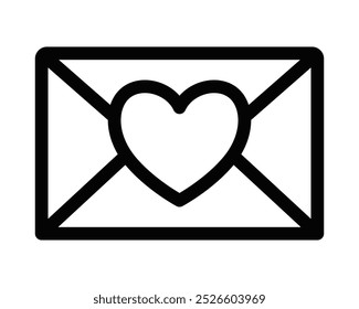 Minimalistic heart envelope icon in black outline. Vector illustration representing love, mail, or communication. Editable stroke.
