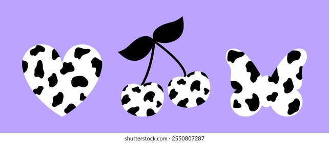 Minimalistic heart icon, cherry and butterfly shape with black and white сow print pattern on purple background. Vector dalmatian design elements illustration 