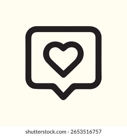 Um ícone de coração minimalista dentro de um balão de fala. Simboliza o amor à comunicação e ao feedback com seu design simples de linha preta.