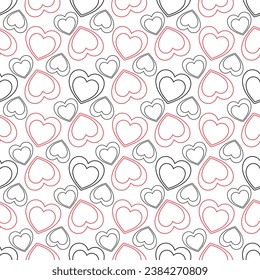 Corazones minimalistas sobre fondo blanco patrón sin fisuras. Corazón de contorno. Contacte corazones para el día de los amantes. Corazón negro y rojo. Ornamento vectorial caótico en vector de estilo plano