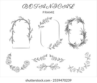 Minimalistic Herbal Botanical set of border. Collection of trendy modern hand drawn frame with flowers. Single line art and clip art.  Silhouette. Elements. Cut out. Elegance wedding template. Design