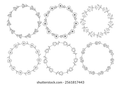 Minimalistic herbal botanical set of border. Collection of trendy hand drawn flowers. Frame for design. Single line art. clip art.  Silhouette. Elements. Cut out. Circles, petal, stem, branch. Wedding