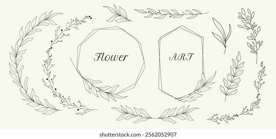 Minimalistic herbal botanical set of border. Collection of trendy hand drawn flowers. Frame. Single line art. clip art. Silhouette. Elements. Cut out. Speech bubbles. png. Circles textbox. Boho