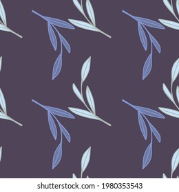 Minimalistic herbal seamless pattern with doodle leaves branches silhouettes shapes. Purple background. Perfect for fabric design, textile print, wrapping, cover. Vector illustration.
