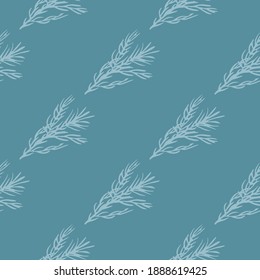 Patrón mínimo de hierbas sin soldadura con siluetas rosales ligeras. Fondo azul. Un escenario picante. Perfecto para el diseño de tela, impresión textil, envoltura, cubierta. Ilustración vectorial.