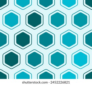 Minimalistic hexagon background. Rounded hexagons mosaic cells with padding and inner solid cells. Cyan color tones. Large hexagons. Seamless pattern. Tileable vector illustration.