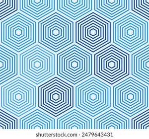 Minimalistic hexagon background. Stacked hexagons mosaic pattern. Blue color tones. Large hexagons. Seamless pattern. Tileable vector illustration.