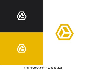 Minimalistic hexagonal geometric logo. Isometric cube construction. Vector design illustration
