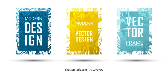 Minimalistic hipster colored marble frame design set. Gift cards, new year party invitations, flyers  design templates in blue, gold. Gradient marble texture vector. Frame for text, modern graphics.