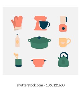 Minimalistic hipster set of kitchen items kitchenware: mixer, pot, mug, oven gloves, utensils