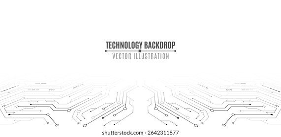 Minimalistic hi-tech background featuring abstract circuit lines and electronics elements on white backdrop. Digital circuit board backdrop with electronic system. Vector illustration.