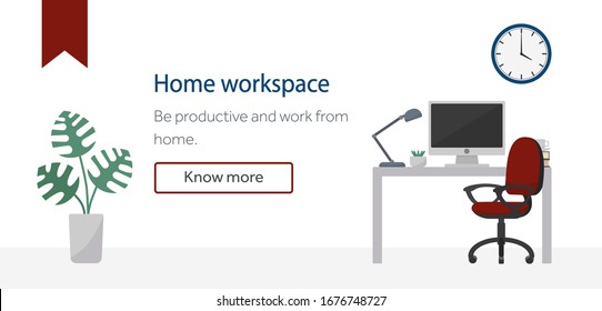 Minimalistic Home Workspace Interior With Desktop Computer, Red Office Chair And Green Plant. Space For Text. Action Button Sample. Work From Home Concept. Flat Style Vector Illustration.