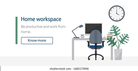 Minimalistic Home Workspace Interior With Desktop Computer, Blue Office Chair, Clock And Green Plant. Space For Text With Action Button. Work From Home Concept. Flat Style Vector Illustration.