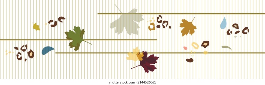 minimalistic horizontal banner with abstract autumn leaves composition, leopard skin patches, jittery shapes in trendy collage style. Illustration  for website design, postcards, cover design