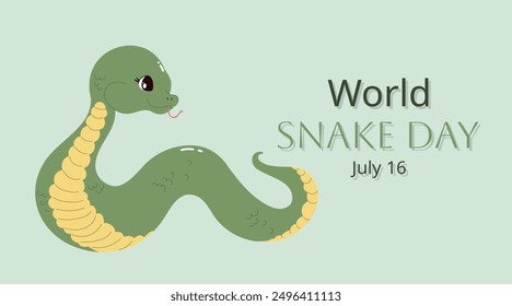 Minimalistic horizontal banner for July 16th World Snake Day. Cute cartoon snake. Holiday concept