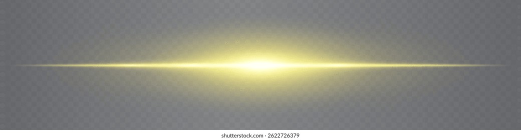 Minimalistic horizontal yellow lens flare glowing gently on transparent background. Sleek beam ideal for digital designs, UI elements, and futuristic visuals. EPS vector illustration.