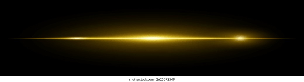 Minimalistic horizontal yellow lens flare glowing brightly on dark background. Abstract futuristic beam ideal for digital effects, UI, technology visuals. EPS vector illustration.