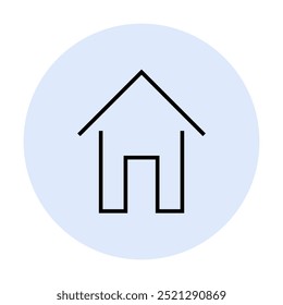 Minimalistic house icon depicted with black lines on a light blue circular background. Ideal for real estate, web design, navigation, home button, apps. Modern, clean, simple style.