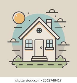 Minimalistic House Illustration with Grassy Yard and Abstract Background - Simple Vector Design