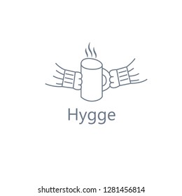 Minimalistic hygge concept vector illustration. A cup of hot drink in the hands wearing long sleeve relaxed cosy sweater.