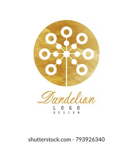 Minimalistic icon with abstract dandelion on golden textured circle. Natural product badge. Vector logo design for flower shop, spa center, fashion boutique