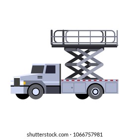 Minimalistic icon aerial man lift truck front side view. Aerial work platform vehicle. Vector isolated illustration.