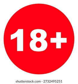 Ícone minimalista para restrição de idade 18+ na forma de letras brancas em um fundo circular vermelho. EPS 10.