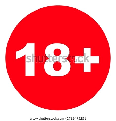 Minimalistic icon for age restriction 18+ in the form of white lettering on a red circular background. EPS 10.